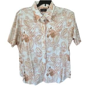 Vtg Bit & Bridle Shirt Blouse Women Horses Paisley‎ Short Sleeve Stretch Size L